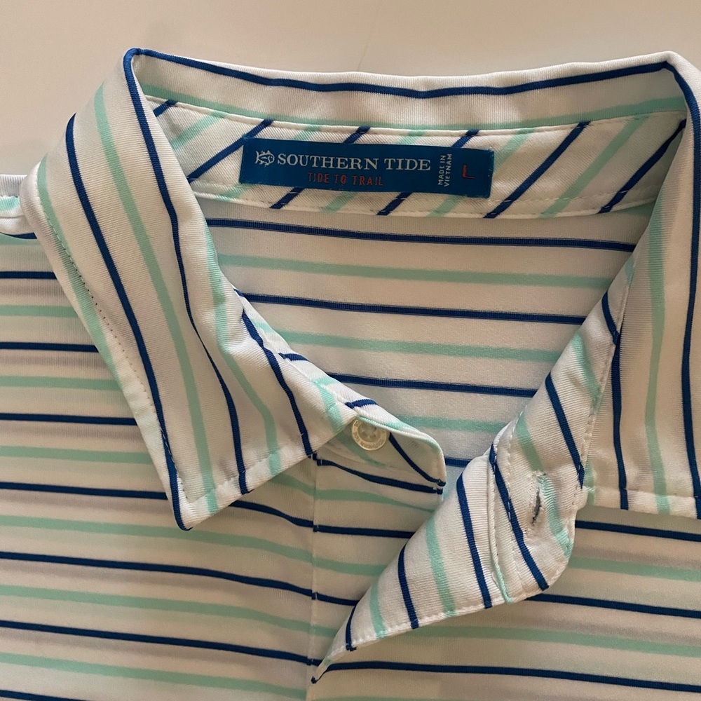 SOUTHERN TIDES Men’s White Polo Shirt Green Blue Striped Size Large
